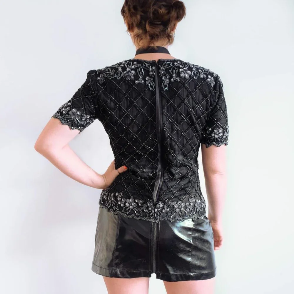 Stenay Vintage 80'S Floral Sequin Beaded Mesh Trim Blouse Black - Picture 2 of 14